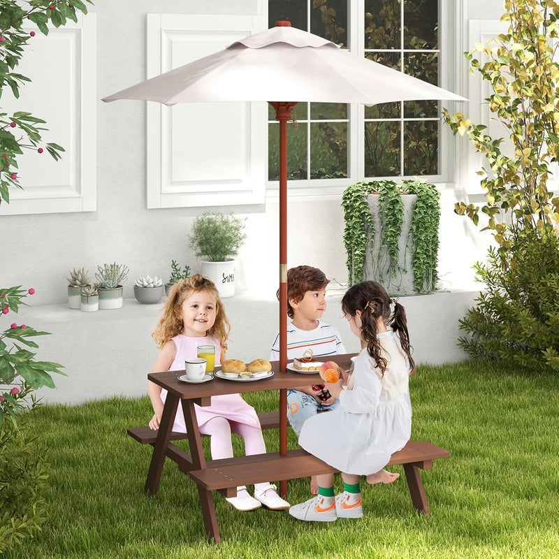 Olakids Kids Picnic Table, Outdoor Toddler Wooden Table and Chair Set with Removable Umbrella, Children Activity Furniture Bench Set for Patio Garden Backyard - Image 2